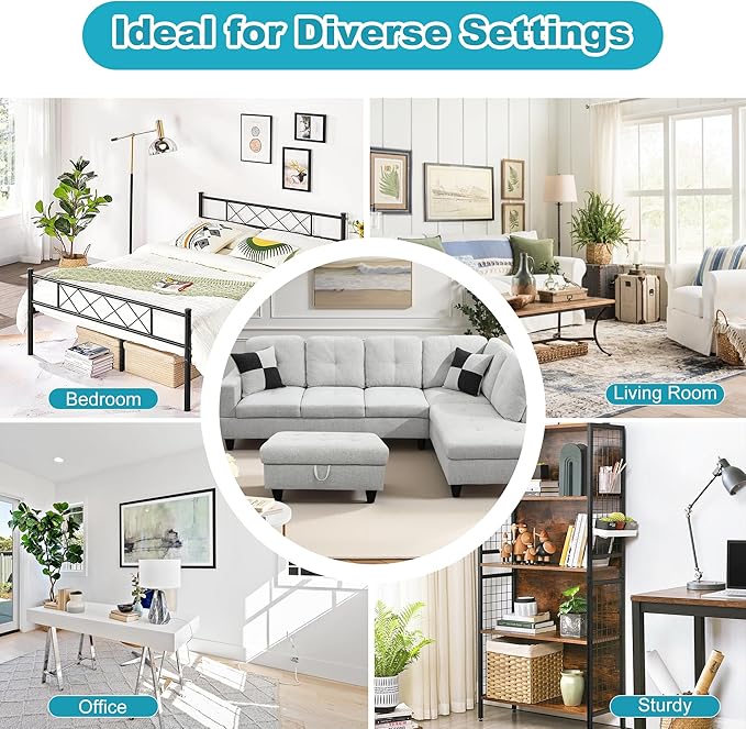 Couches for Living Room Modern L Shaped Couch Comfy Flannel Fabric 3 Pieces Sectional Sofa with Chaise, Ottoman with Storage for Office and Small Apartment, Light Grey