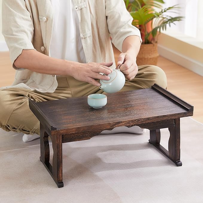 Japanese Floor Table, Small Coffee & Tea Table, Altar for Meditation, Low Table for Sitting on Floor, Wood Bed Tray With Foldable Legs, Laptop Desk