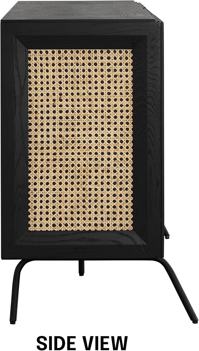 NTC MOSSIC Modern Sideboard with 4 Doors, Natural Rattan Storage Cabinet, Buffet with Metal Legs, Boho Accent Cabinet for Living Room, and Entryway, Effortless Assembly - Burnt Black