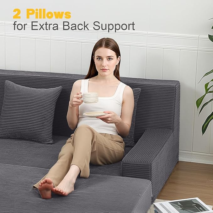 MeMoreCool Boneless Folding Sofa Bed Queen, Corduroy Convertible Sleeper Chair, Foldable Foam Mattress Chair, Comfy Fold‑Out Futon Couch Bed, Large Floor Sofa Couch for Living Room Guest