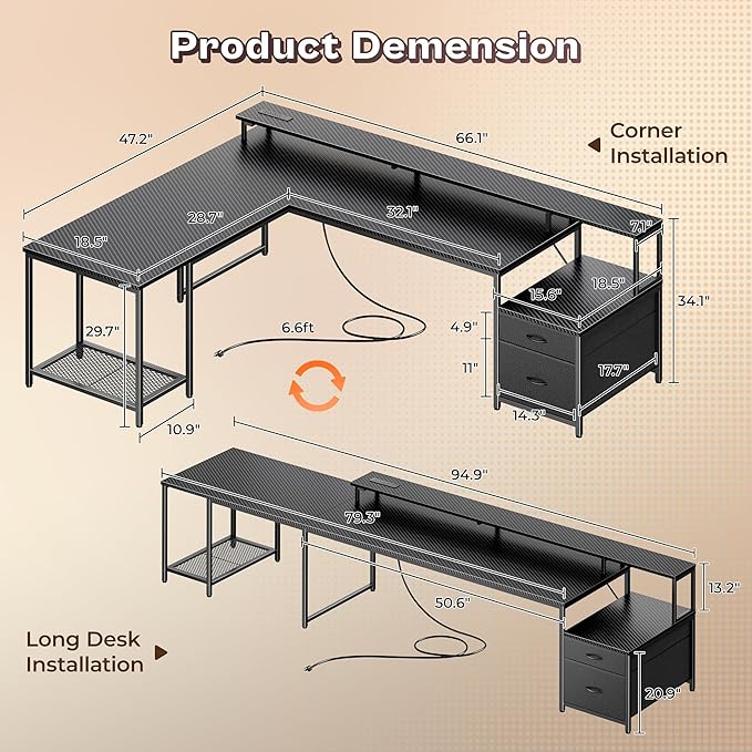 PRAISUN 66 Inch L Shaped Computer Desk with Power Outlets and LED Lights, Home Office Desk with Fabric Drawers and Print Stand, L Shape or Straight Set up, Monitor Stand, Carbon Fiber Black