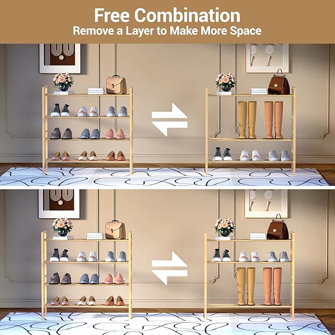 Haddockway Bamboo Shoe Rack for Closet, Free Standing Shoe Organizer with Smooth Round Rods & Convenient Handles, Stackable Shoe Storage Shelf for Entryway, Hallway(Natural, 4-Tier)