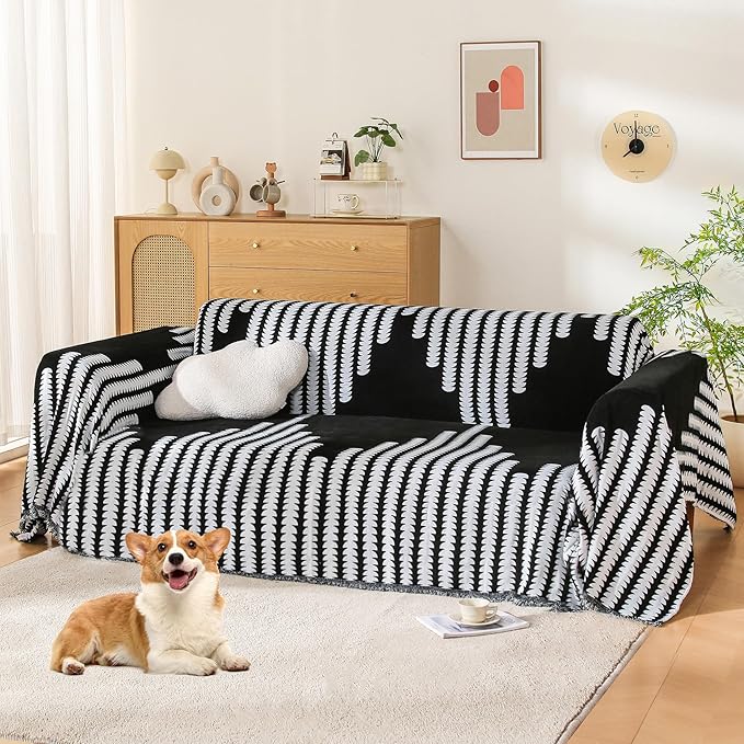 Boho Couch Cover, Sofa Cover, Sofa Covers for 2 Cushion Couch, Washable Sectional Couch Covers for Dogs Pet Furniture Protector Couch Cover Blanket for Living Room (2# Black, 71" x 102")