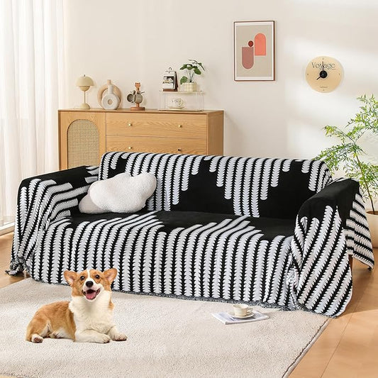 Boho Sofa Cover, Couch Covers for 3 Cushion Couch Sofa Pet Friendly, Sofa Cover Washable, Soft Chenille Living Room Couch Covers Slipcover, Pet Furniture Protecto (2# Black, 71" x 134")