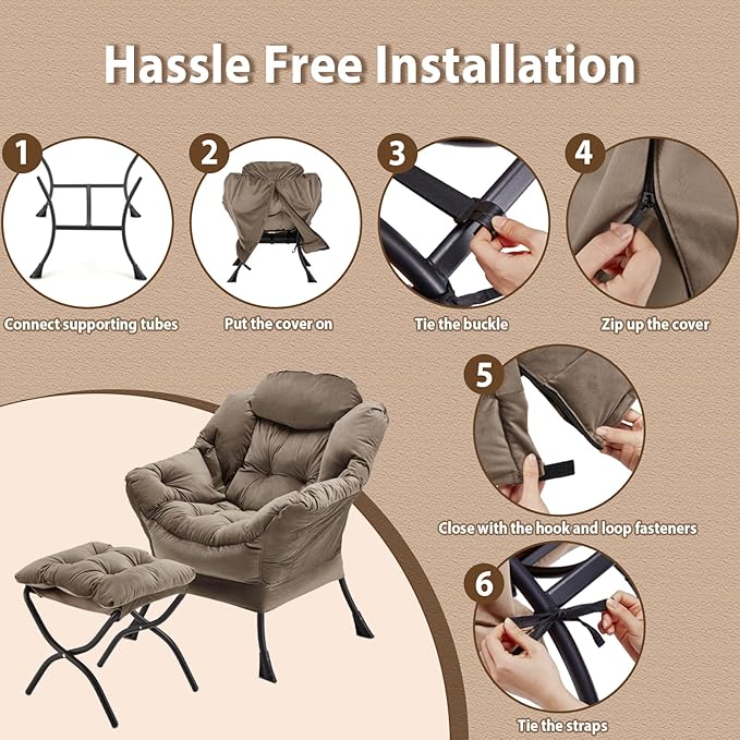 Lazy Chair with Folding Ottoman, Accent Chair Velvet Upholstered with Metal Structure and Non-Slip Pads, Sofa Armchair with Footrest and Side Storage Bag for Dorm, Room, Office, Dark Gray