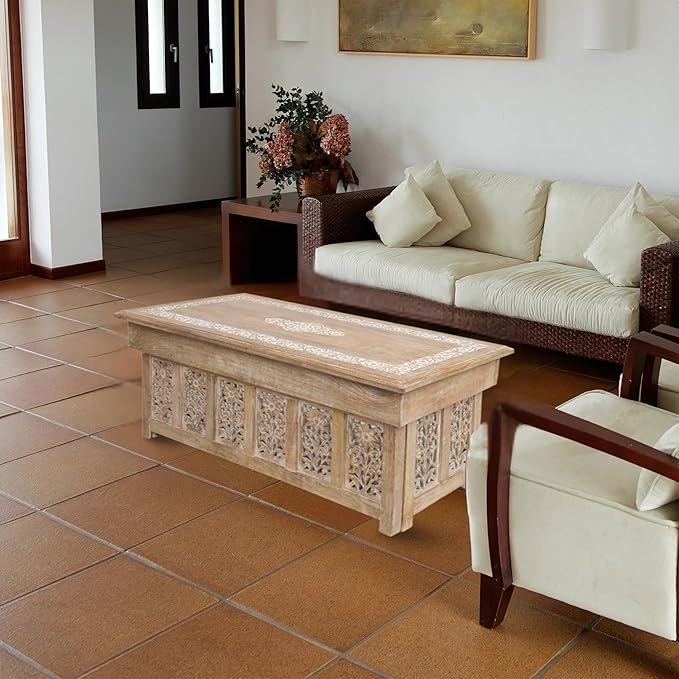 Lightnpro Handmade Wooden Coffee Table - Rectangular Foldable Table with Storage,Intricate Carving, Modern & Contemporary Home Décor, Compact Living Room Furniture – 40 Inch White Wash Finish