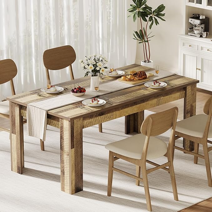 Dining Table for 4-6, 63" Wood Farmhouse Large Kitchen Table with Strong 4 Triangle Legs, Rectangular Dining Room Dinner Table with Sturdy Extra Support for Kitchen, Apartment, Retro Brown