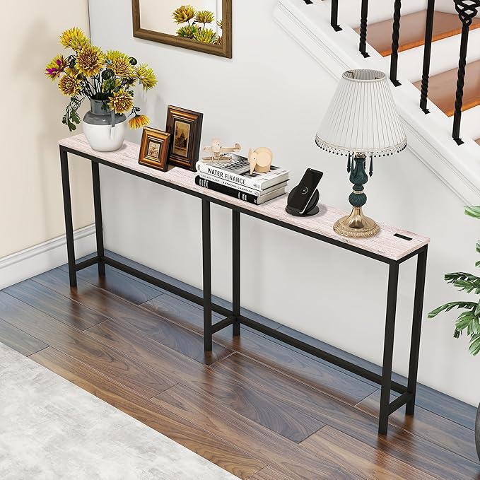 HOMERECOMMEND 70.8 Inch Console Table with USB Ports, Sofa Table with Charging Station, Narrow Entryway Table, Skinny Hallway Table,Maple