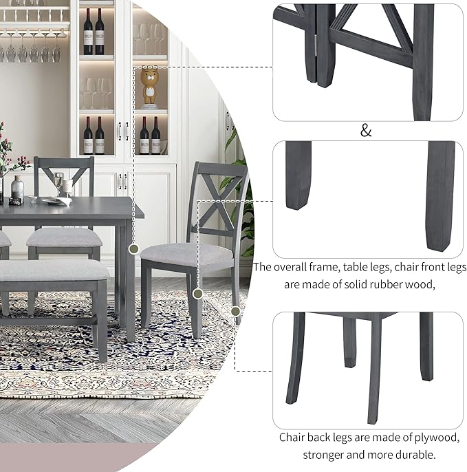 Ball & Cast 6-Piece Dining Table Set, 60" Wood Dining Kitchen Table & Chairs Set, Rectangular Dining Room Foldable Table with 4 Upholstered Chairs & 1 Bench,Perfect for Dining Room, Kitchen, Gray