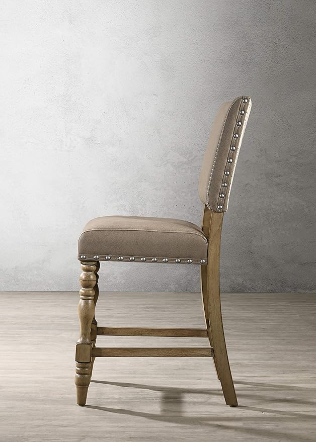 Roundhill Furniture Birmingham Script Printed Driftwood Finish Counter Height Dining Chair with Nail Head, Set of 2