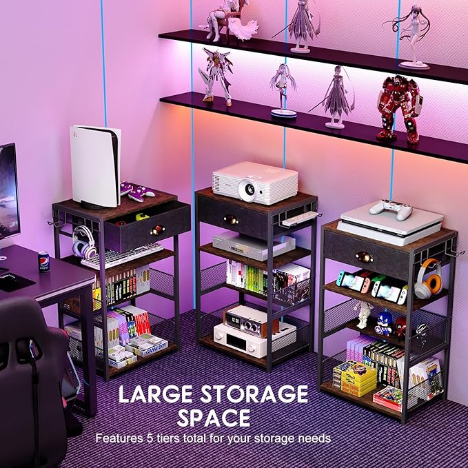 4-Tier AV Media Stand with Drawer, Video Game Console Shelf with 2 Hooks, Audio Rack Tower Perfect for/Xbox/ PS5/Switch/Game Consoles/DVD/Record Player/Projector/Sky Box/TV Accessories