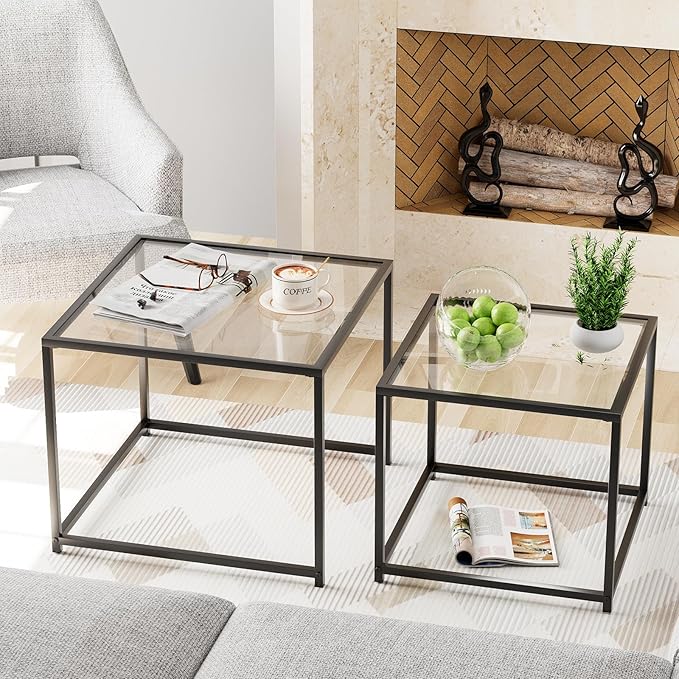 VILAWLENCE Coffee Table Set of 2, Modern Black Glass Side Table, Metal Frame Square End Table, Center Tables, Nesting Coffee Table for Living Room, Bedroom and Small Spaces, 23.6in