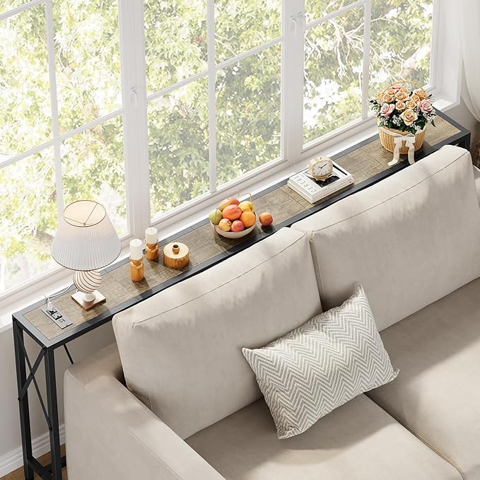 70" Sofa Tables Narrow Long, Behind Couch Table with Oulets & USB Ports, Industrial Long Skinny Stand for Entryway,Hallway, Living Room, Bedroom 7.9" D x 70" W x 24.8" H