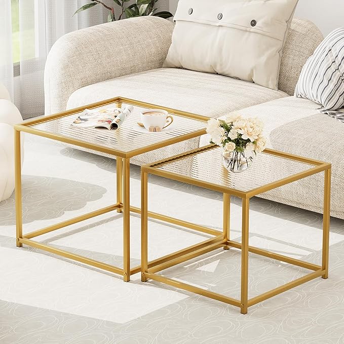 Garden 4 you Coffee Table Set of 2, Modern Patterned Glass Nesting Table, Metal Frame Square Center Table Set, Side Tables, Nesting Coffee Table for Living Room, Bedroom and Small Spaces, 23.6in Gold