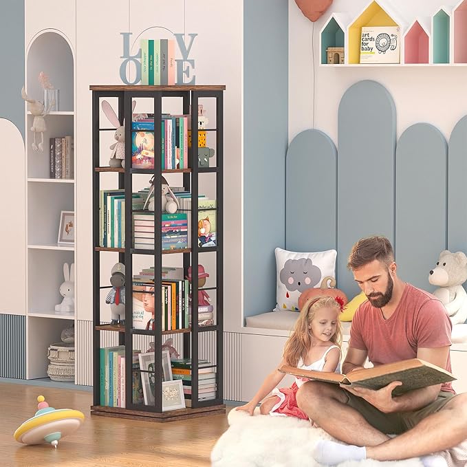 Aheaplus Rotating Bookshelf, Corner Bookcase, 360 Display Wood Spinning Bookshelves, Floor Standing Bookcases Narrow Shelf, 4 Tiers, Rustic Brown