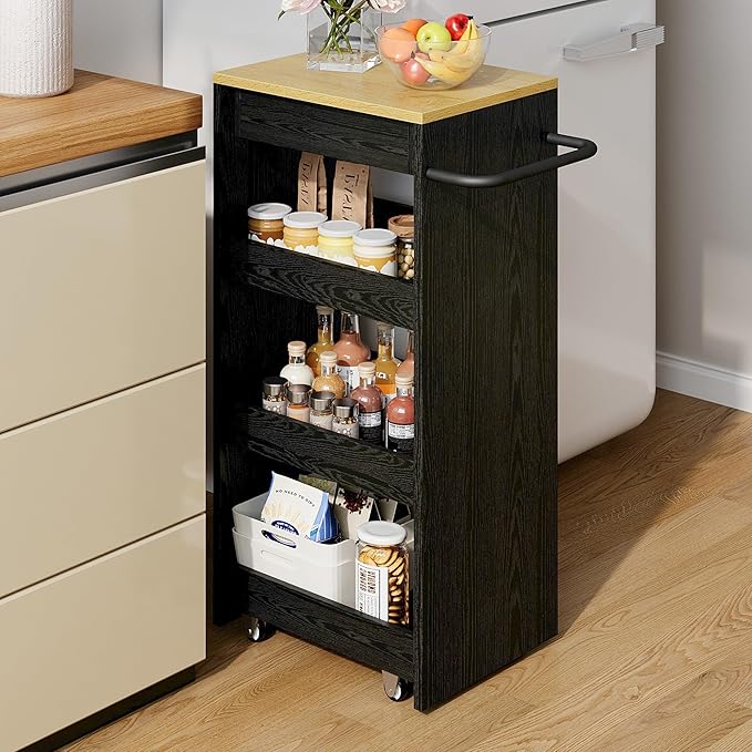 IRONCK Wood Storage Cart, 4 Tier Rolling Kitchen Cart on Wheels, Slide Out Utility Cart, Organizer Trolley with Handle, Drawer for Kitchen, Laundry, Bathroom, Black