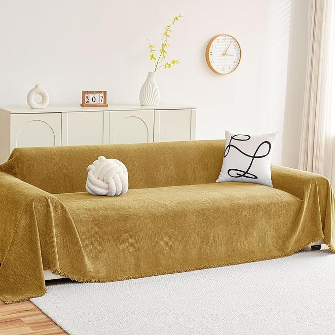 hyha Couch Cover for Dogs, Boho Sofa Covers for 3 Cushion Couch Washable, Chenille Sofa Slipcover for Pets, Soft Loveseat Sectional Couch Throw Blankets with Tassels (Yellow, 88.5x118 Inch)