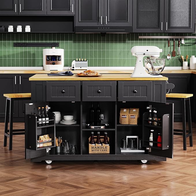 53" Large Kitchen Island with 2 Bar Stools,Power Outlet & Door Internal Storage Rack,Kitchen Storage Cart on 5 Wheels W/Drop Leaf,5 Open Side Racks & 3 Drawers,for Kitchen,Dining Room,Black