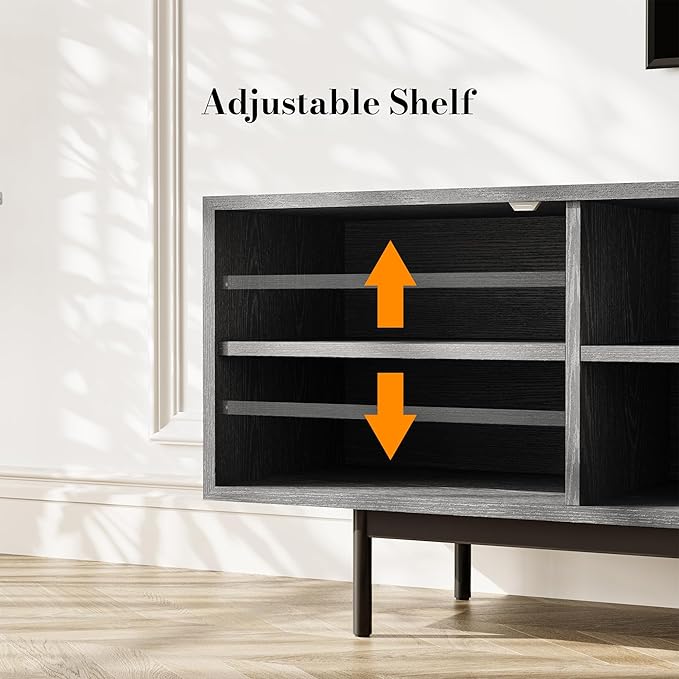POVISON Full Assembled Mid-Century Modern TV Stand with Slatted Doors, Wood Media Console for 75 Inch TV, TV Console with Tall-cast Metal Legs, Entertainment Center with Storage for Living Room