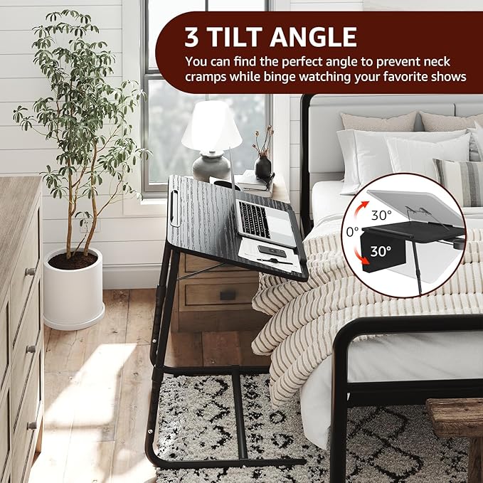 Adjustable TV Tray Black Dinner - Folding Trays for Eating On Couch Wooden Tables Mate Stand Foldable Desk with Cup Holder Portable