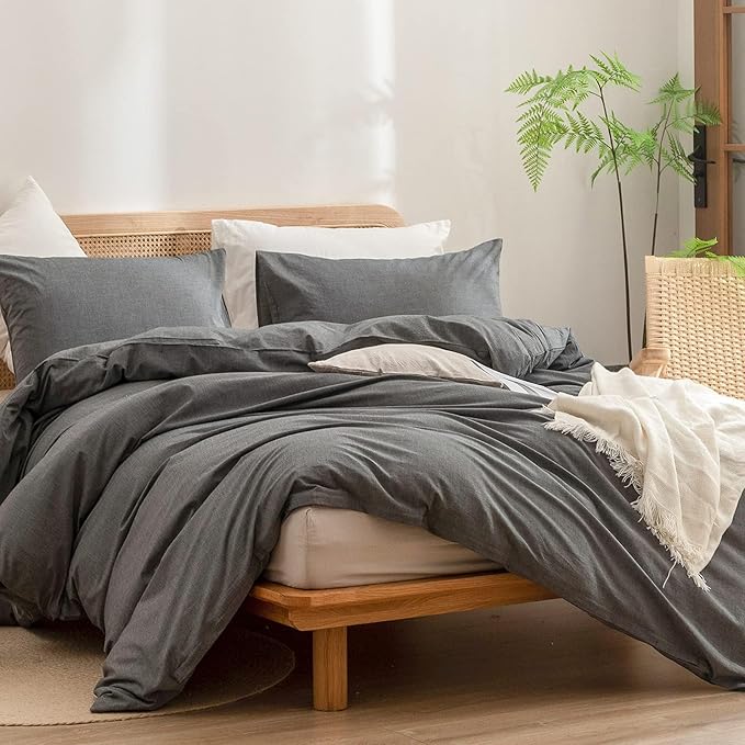 BESTOUCH Duvet Cover Set 100% Washed Cotton Linen Feel Super Soft Comfortable Chic Lightweight 3 PCs Home Bedding Set Solid Dark Grey Oversized Full