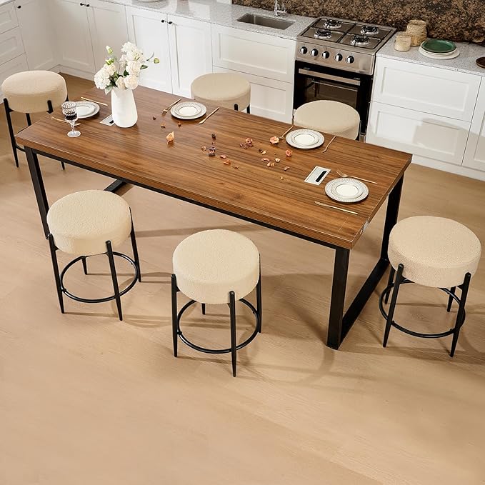 Modern Dining Chairs Set of 4, 23.6" Beige Round Backless Boucle Sherpa Upholstered Dining Chair with Solid Metal Legs for Kitchen, Living Room