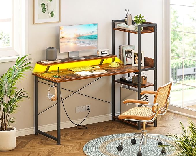 ODK Reversible Gaming Desk with Power Outlets and LED Lights, 48 Inch Computer Desk with Storage Shelves and Monitor Stand, Modern Writing Study Desk for Home Office, Rustic Brown