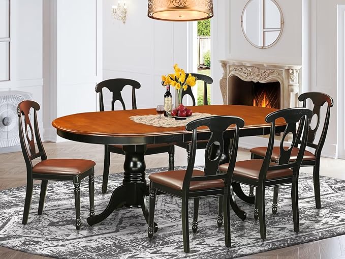 East West Furniture PLKE7-BCH-LC 7 Piece Dining Table Set Consist of an Oval Dinner Table with Butterfly Leaf and 6 Faux Leather Dining Room Chairs, 42x78 Inch, Black & Cherry