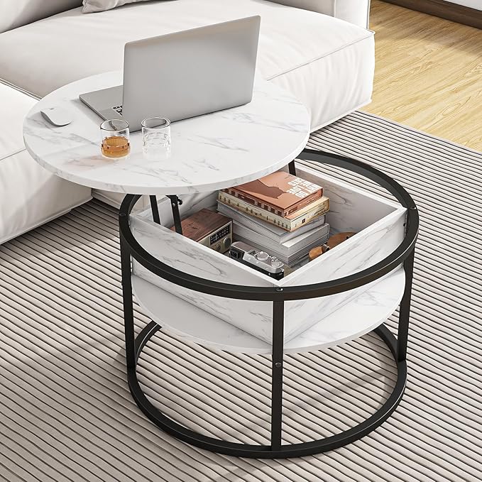 Round Coffee Table with Storage, Lift Top Coffee Table with Hidden Compartment, Farmhouse Juxing Design for Living Room, 2-Tier Small Round Dining Center, White