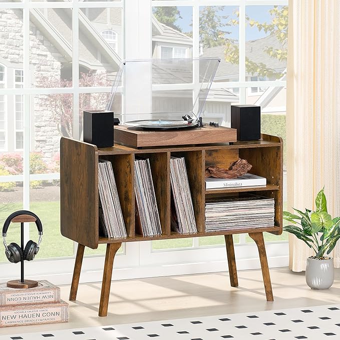 Lerliuo Record Player Stand with 4 Cabinet Holds Up to 220 Albums, Large Turntable Stand with Beech Wood Legs, Mid-Century Record Player Table,Brown Vinyl Holder Storage Shelf for Bedroom Living Room