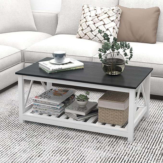 Farmhouse Coffee Table, Black and White Coffee Table for Living Room, 2-Tier Rectangular Wooden Centre Cocktail Table with Slats Shelf Storage and V-Shaped Frame Modern Coffee Tables Oak Black