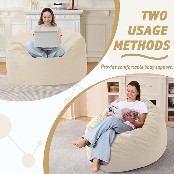 3FT Bean Bag Chair with Ultra Soft Velvet Cover Bean Bag Sofa with Memory Foam Bean Bag Chairs with Large Size Lazy Sofa for Dorm Office Living Room Bedroom Khaki 3'