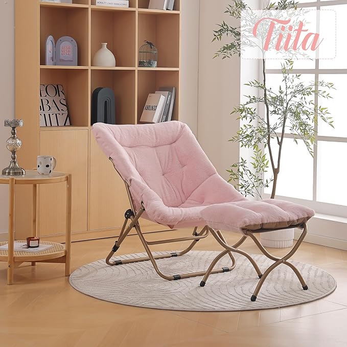 Tiita Folded Chair with Ottoman, Soft Faux Fur Oversized Folding Accent Chair,Lounge Lazy Chair, Metal Frame Moon Chair for Bedroom, Living Room, Dorm Rooms, Garden and Courtyard