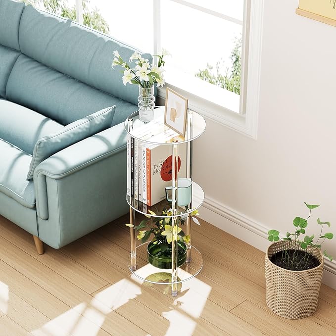 Clear Round Acrylic Side Table for Small Spaces, 11.81" L x 11.81" W x 26.7" H, 3 Tier Small Modern Drink End Table Nightstand, Minimalist Bedside Table for Living Room, Bedroom, Bathroom