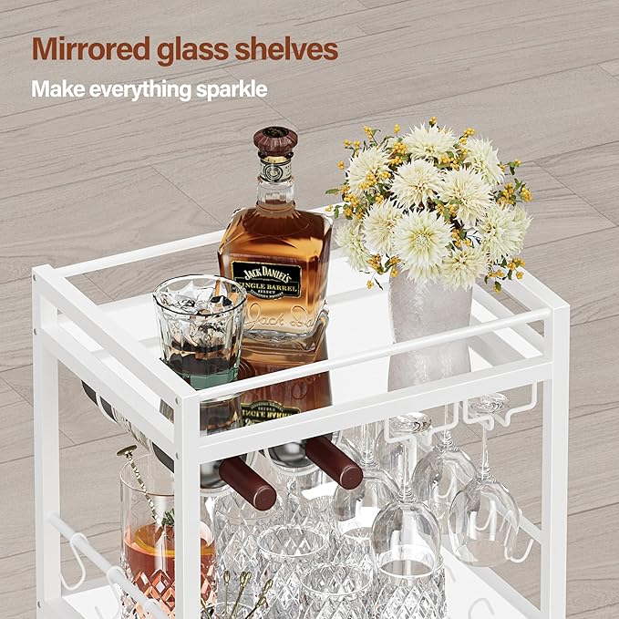 TUTOTAK Bar Cart, Home Bar Serving Cart, Drink Cart with 3-Tier Mirrored Shelf, Mobile Kitchen Shelf with Wine Rack, BC01BW033