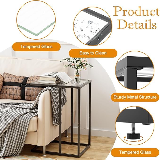 C Shaped End Table Set of 2, Couch Side Tables for Living Room, Small Glass End Table with Metal Frame, Modern Snack Table for Bedroom, Small Space, Easy Assembly, Black, 23.62 x 15.75 x 11.81