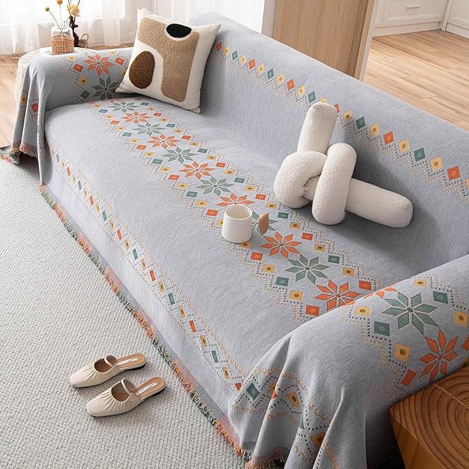 STACYPIK Boho Gray Jacquard Couch Cover, Sofa Cover for Dogs Washable, Non Slip Couch Cover for Sectional, Furniture Protector for 3 Cushion Couch, Multi-use Sofa Slipcover Pet-Friendly-71X150IN