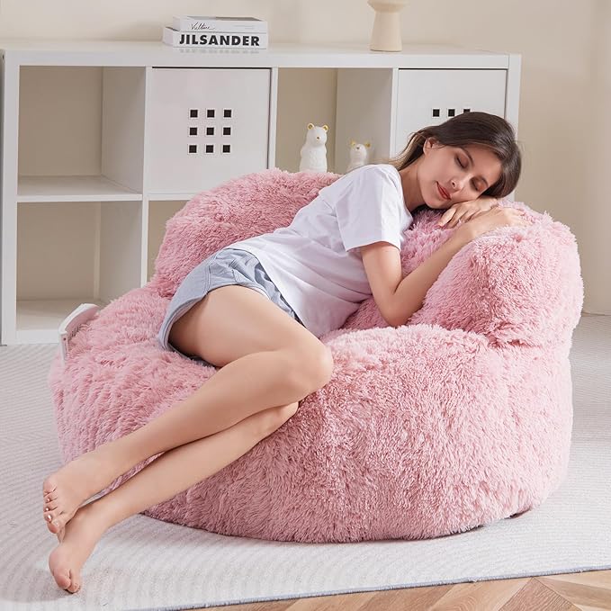 BYBYME Giant Bean Bag Chair, Faux Fur Bean Bag Couch with Filler Large Living Room Bean Bag Chairs for Adults, Big Lazy Sofa Accent Chair with Pocket Floor Chair