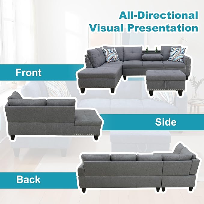 L Shaped Couch Modern Sectional Couch Upholstered Linen Fabric 3 Pieces Sofas for Living Room with Chaise, Storage Ottoman for Office and Small Apartment, Charcoal