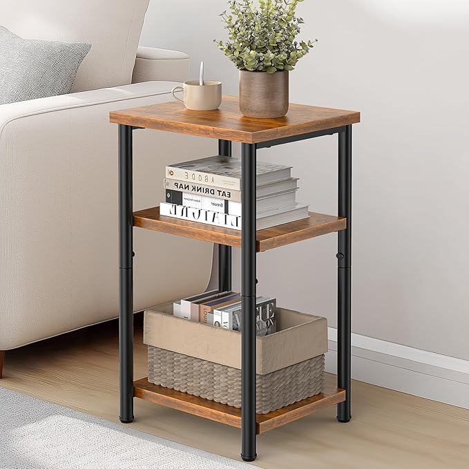 DUMOS End Table Small Side Sofa Tables 3 Tier Tall Nightstand Storage Shelf with Adjustable Feet for Living Room Bedroom Office, Brown