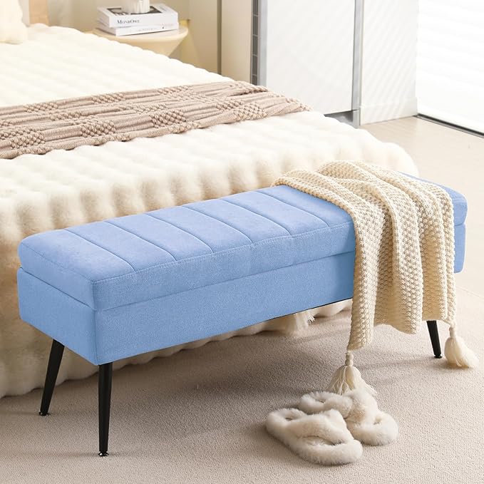 CUYOCA Storage Ottoman Bench, 43.5" Upholstered Entryway Bench, Long Ottoman with Storage for Living Room, Support 660lbs - Fabric Lagoon
