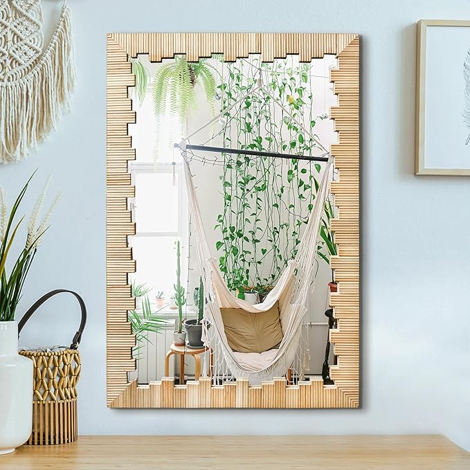 Boho Wall Mirror with Wood Frame, 30"x20" Faux Rattan Decorative Vanity Mirror for Bathroom, Living Room, Bedroom, Entryway(Rectangle)