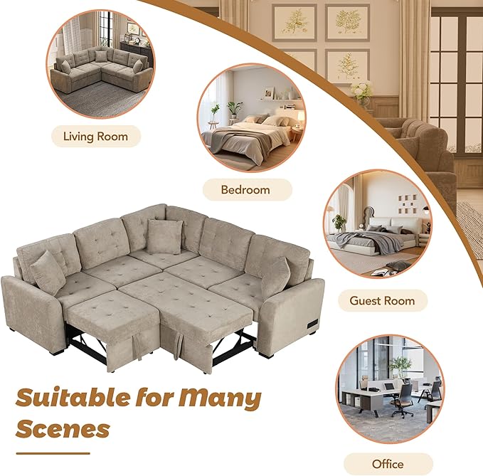 82" Convertible Sleeper Sofa with Pull-Out Bed,L-Shape Chaise Couch W/USB Ports & Power Sockets,Space Saving,Easy Assembly,Modern Corner Reversible Furniture Set for Living Room,Khaki Velvet