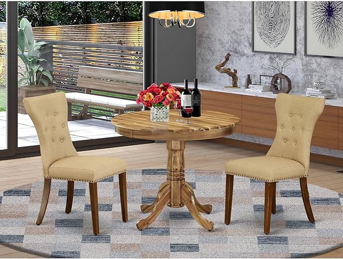 East West Furniture ANGA3-ANA-03 3 Piece Dining Table Set for Small Spaces Contains a Round Kitchen Table with Pedestal and 2 Brown Linen Fabric Parsons Chairs, 36x36 Inch, Natural