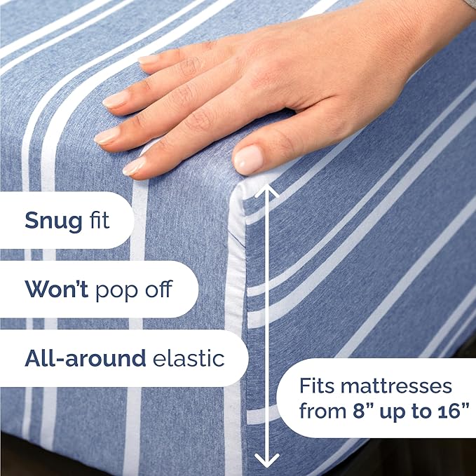 Twin Size 3 Piece Sheet Set - Comfy Breathable & Cooling Bed Sheets Set - Hotel Luxury Bedding for Women, Men, Kids, Teens, Boys & Girls - Deep Pockets, Soft, Wrinkle Free - Oeko-Tex - Blue Stripes 3