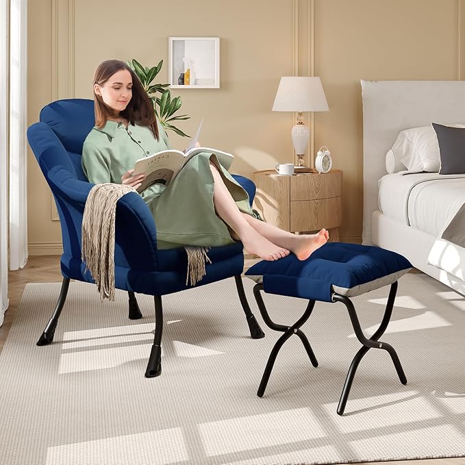 Lazy Chair with Ottoman - Modern Living Room Chairs for Small Spaces, Ergonomic Reading Chair with Armrests, Comfy Chair with Ottoman for Bedroom & Living Room, Blue