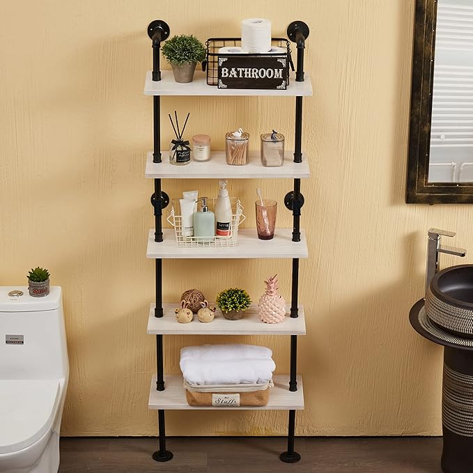 Pipe Shelves, 5 Tier Industrial Ladder Bookcase, Wall Mounted Metal Wood Rustic Bookshelf (White, 5 Tier - 10" D x 24" W x 70" H)