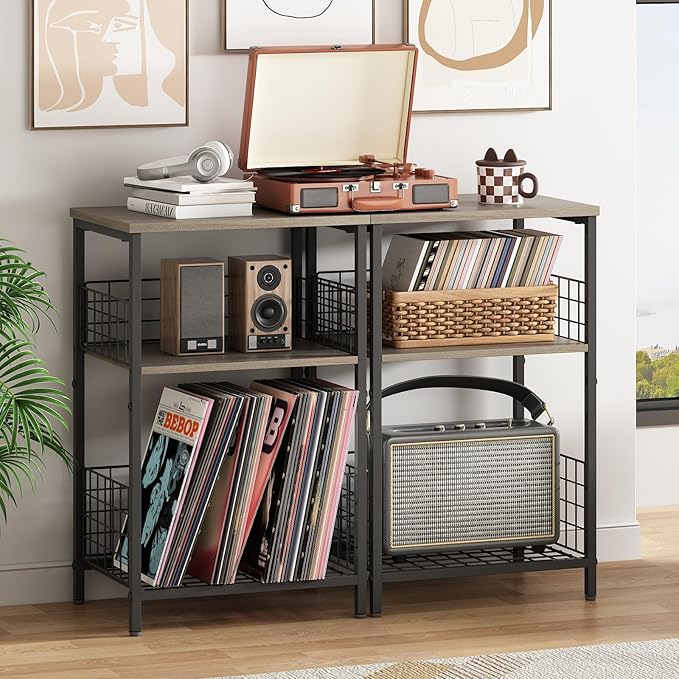 X-cosrack Record Player Stand with Storage Up to 100 Albums, 3 Tier Vinyl Record Storage for Living Room, Turntable Stand with Record Holder & Display Shelf(Patent Pending)(Greige & Black)
