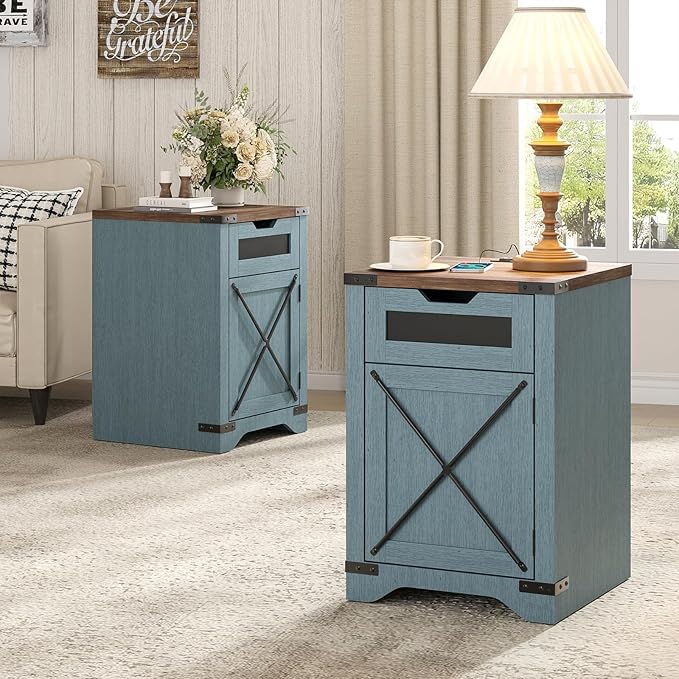 Farmhouse End Table with Charging Station, 26.4" Tall Rustic Nightstand with Drawer and X Barn Door, Country Bedside Sofa Side Table for Living Room, Blue