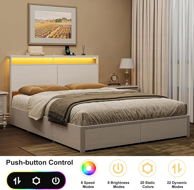 Full Bed Frame with 4 Storage Drawers Bed Frame Full Size with Headboard LED Lights Charging Station Metal Slats Platform Heavy-Duty Support No Box Spring Needed White